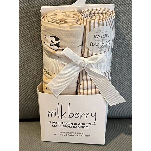 Milkberry Swaddling Blankets Newborn Rayon Bamboo Beige Stripes Farm Animals Cow - Picture 2 of 5